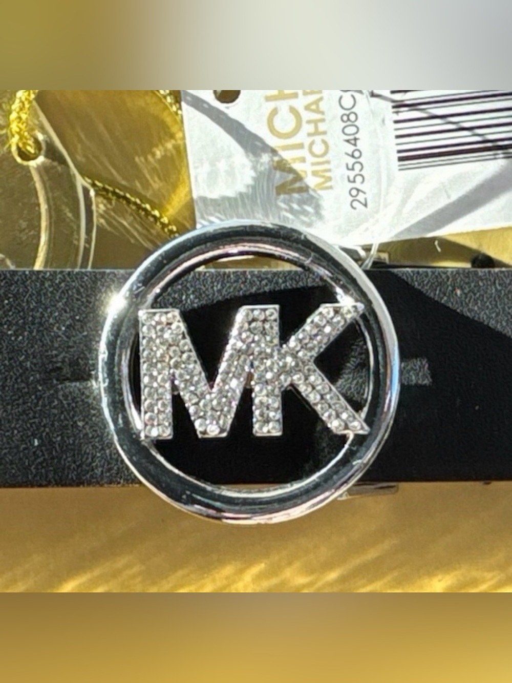Michael Kors Black Leather Belt with Silver Crystal MK Buckle